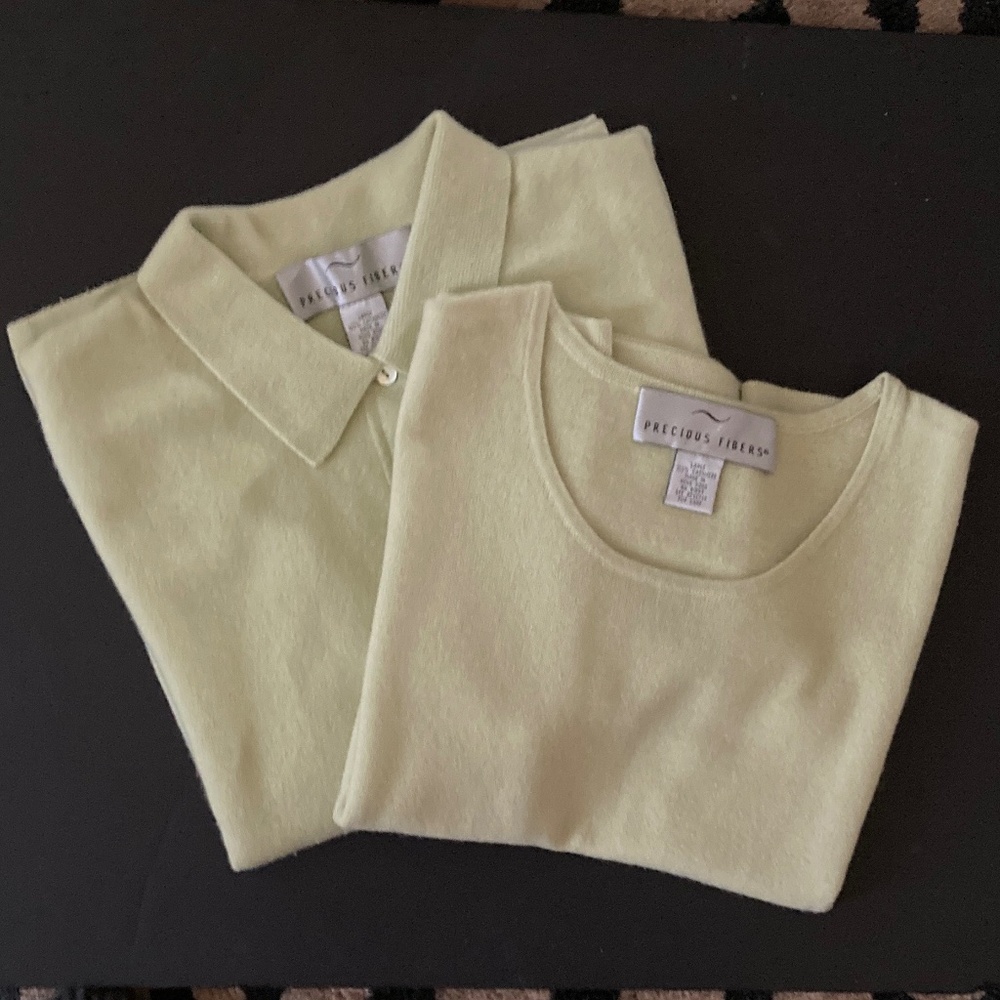 Precious Fibers 2-Ply Cashmere Button Front Cardigan & Shell/Spring Green/L/EUC!